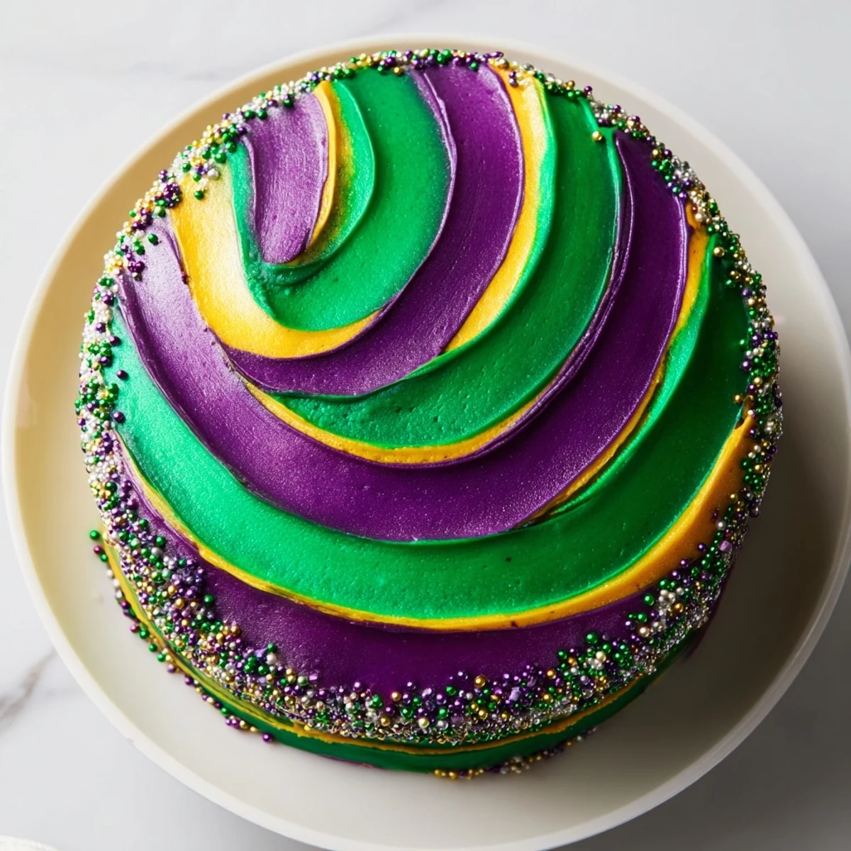 Moist layers of vanilla Mardi Gras Cake are visible under bold stripes of purple, green, and gold icing, ready to enjoy with coffee or sparkling wine.