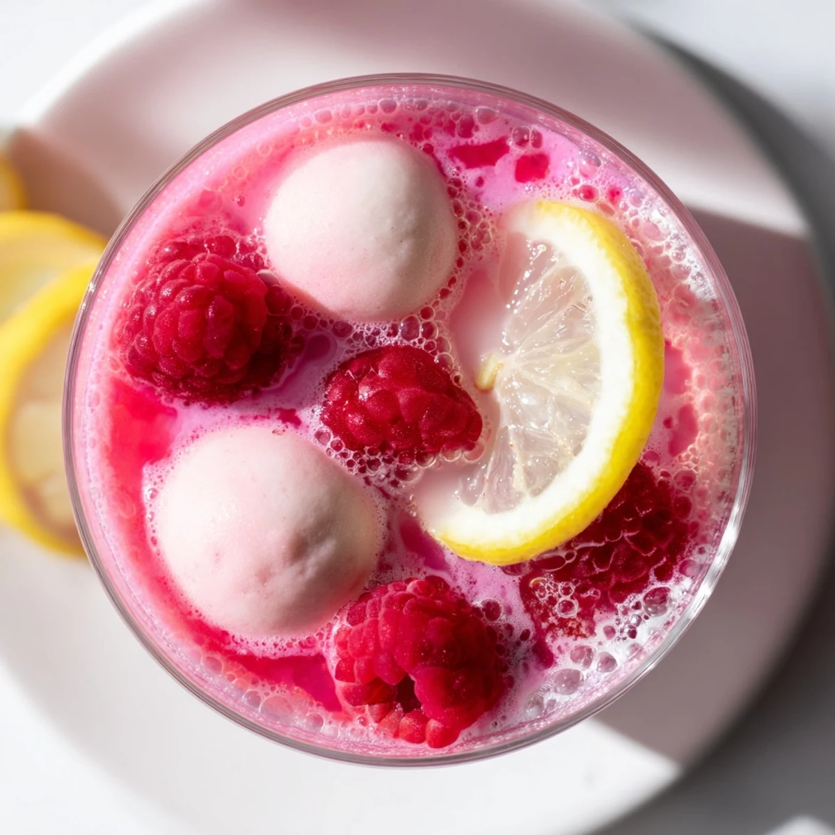 Vibrant pink punch with raspberry sherbet floating in a crystal bowl, garnished with fresh raspberries and lemon slices for a festive party drink.
