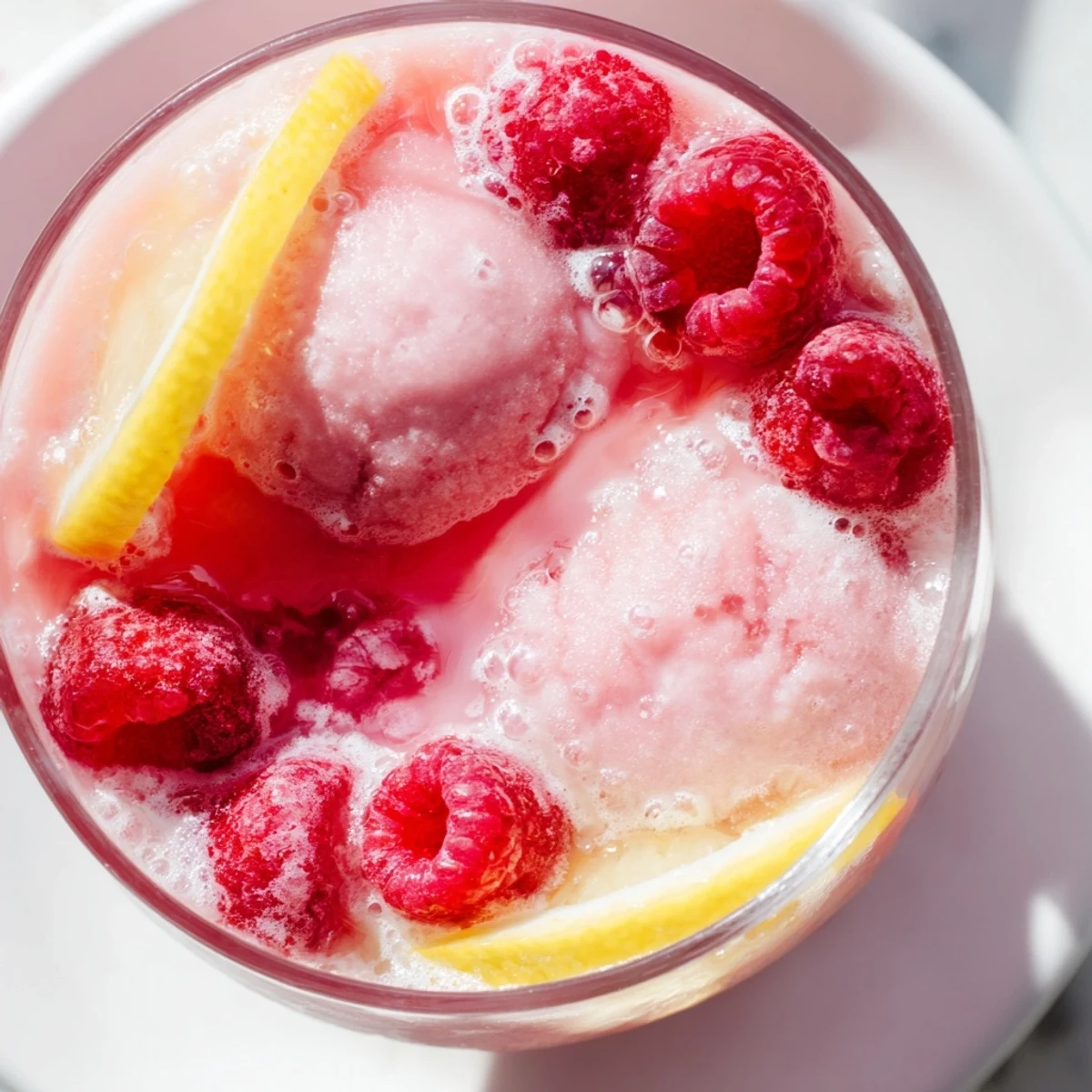 A close-up view of scoops of raspberry sherbet melting into sparkling citrus punch, served in glasses with a colorful fruit garnish.