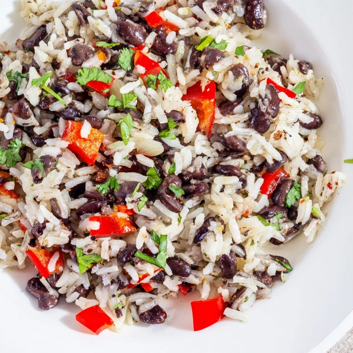 A close-up of steaming Rice and Beans with Spices, featuring fluffy grains and creamy black beans dotted with red bell pepper and onion in a rustic skillet.