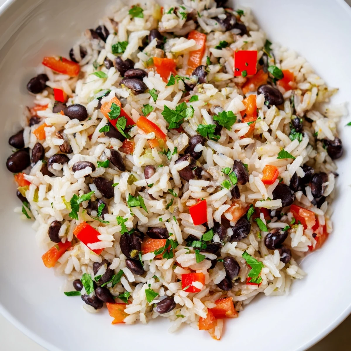 Golden-brown Rice and Beans with Spices simmered in aromatic broth, served alongside a colorful salad and avocado slices for a vibrant, satisfying meal.
