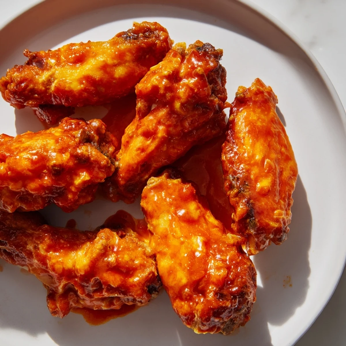 Hot wings coated in spicy Buffalo sauce, ready for game day beside crunchy carrots and creamy ranch dressing.