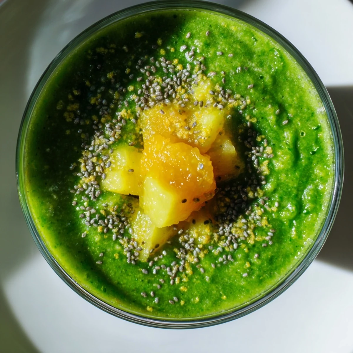 Vibrant kale pineapple smoothie served in a tall glass with a straw, perfect for a refreshing healthy breakfast.  