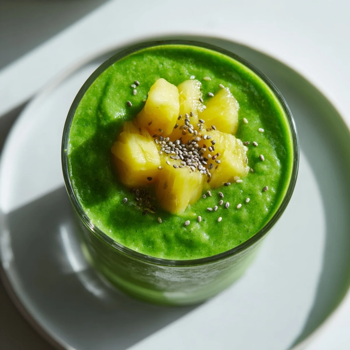 Fresh green smoothie with kale, pineapple, and banana, poured into a glass on a wooden table for a nutrient-packed snack.