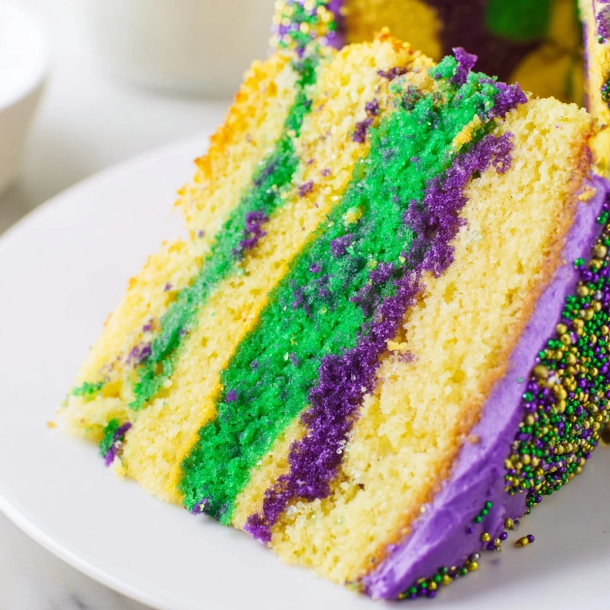 A close-up of a Mardi Gras Cake with tricolor icing, displaying vibrant purple, green, and gold buttercream swirls on a smooth finish.