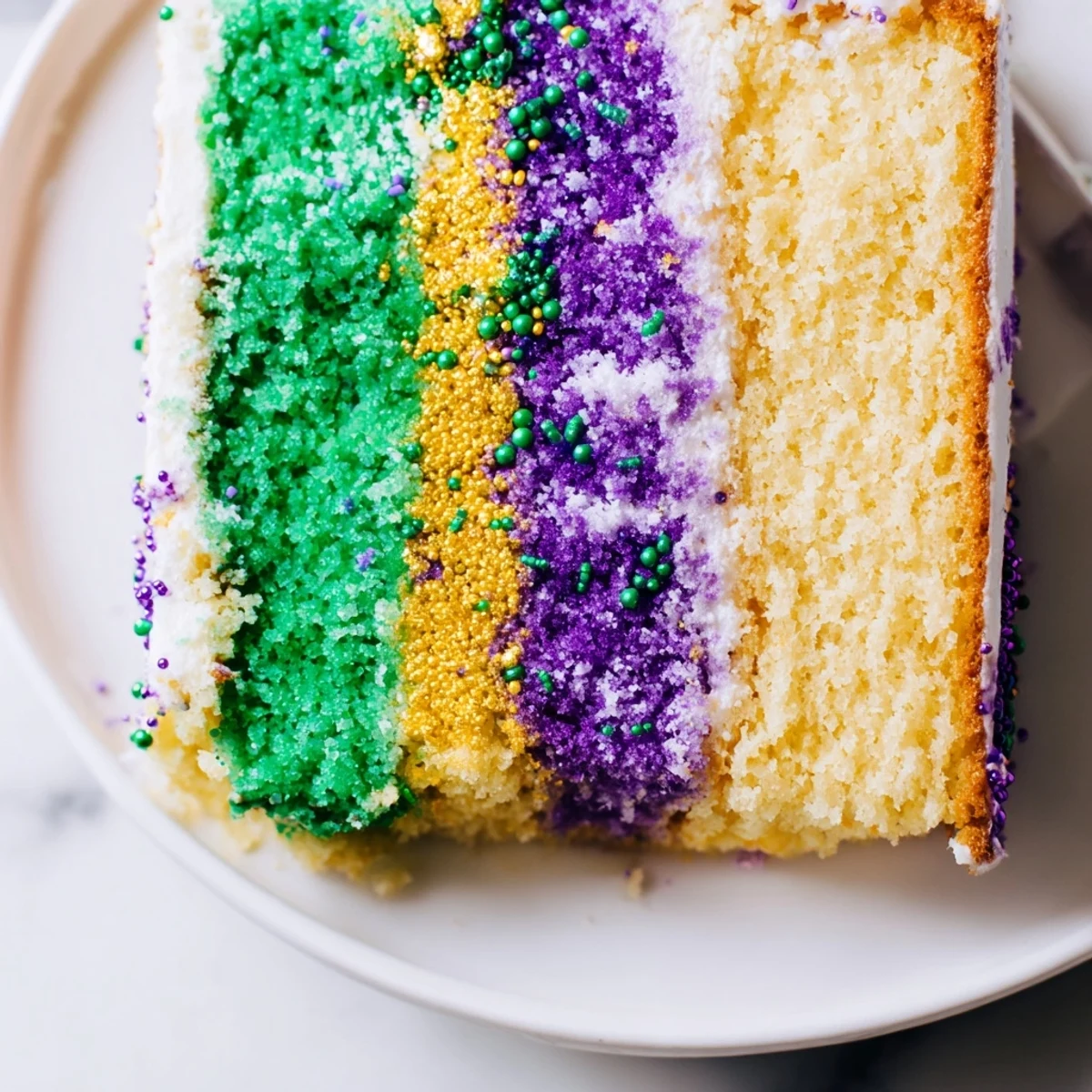 Freshly frosted Mardi Gras Cake with tricolor icing on a cake stand, surrounded by colorful beads and confetti for a festive party setting.