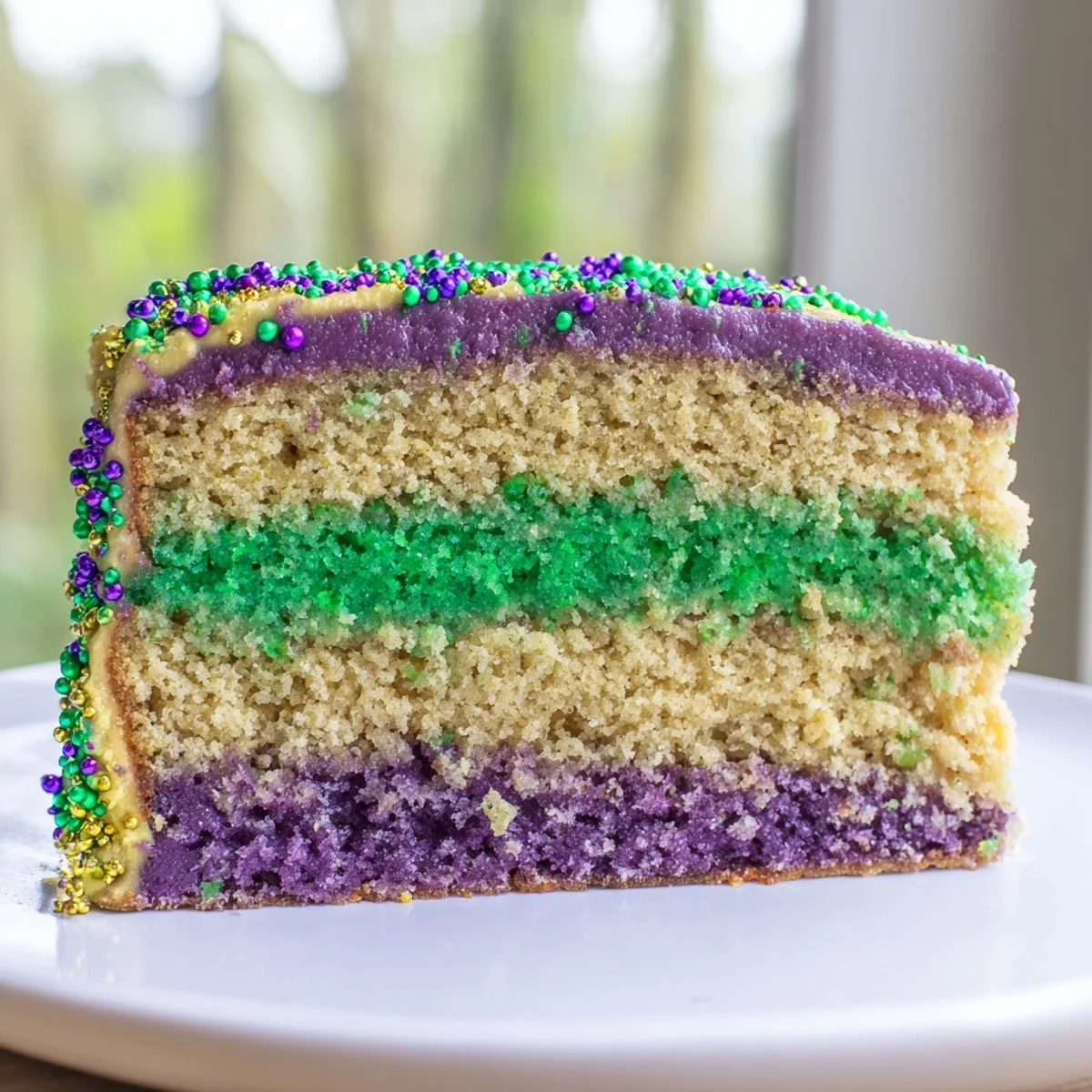 A slice of Mardi Gras Cake with tricolor icing being served, revealing moist vanilla layers and alternating stripes of purple, green, and gold.
