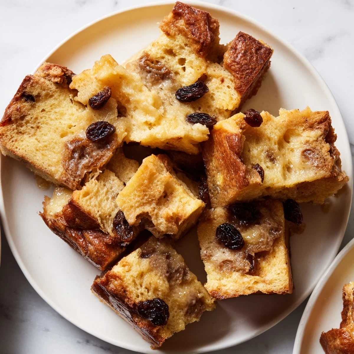 Freshly baked Bread Pudding with Raisins in a rustic dish, topped with a dusting of powdered sugar.