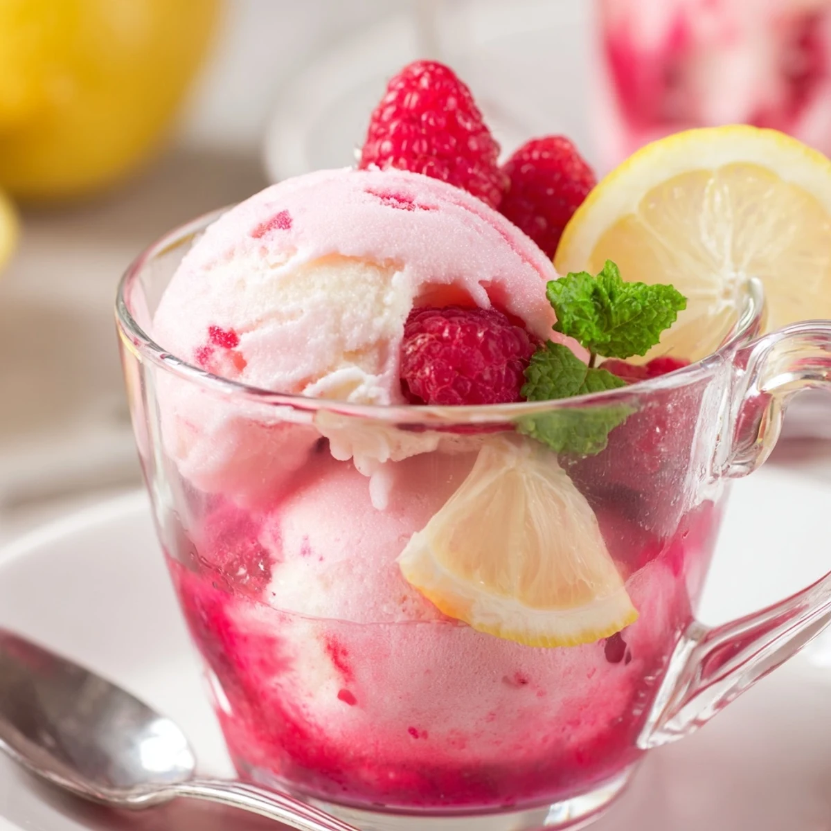Pink Punch with Raspberry Sherbet served in clear punch cups, garnished with lemon slices and fresh raspberries at a party.
