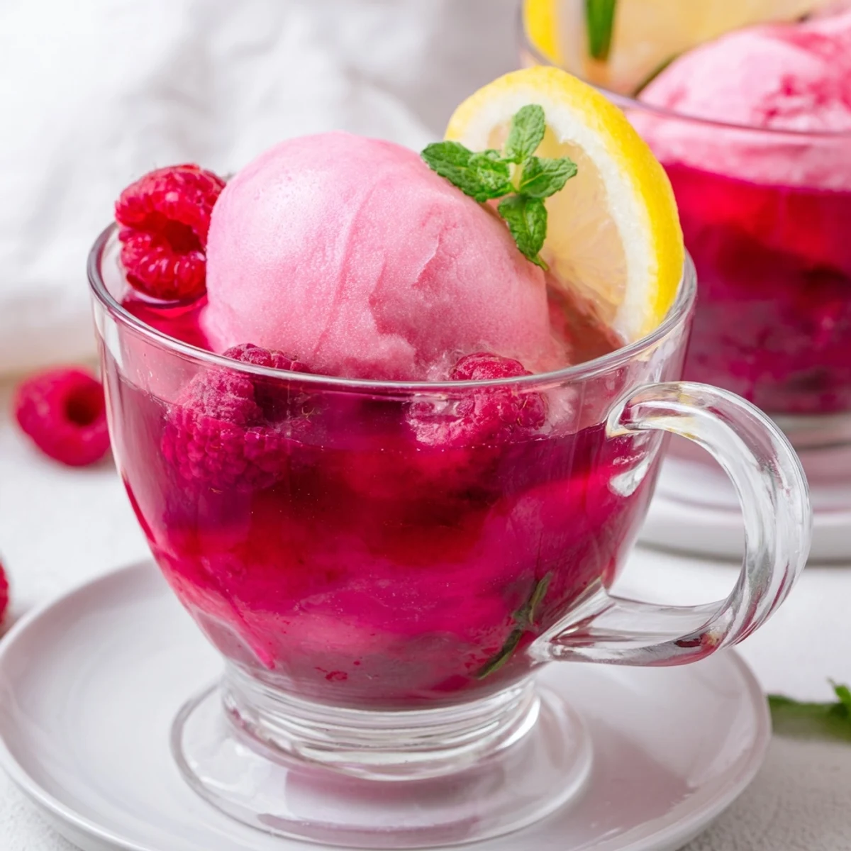 Close-up of Pink Punch with Raspberry Sherbet, creamy sherbet scoops melting into vibrant pink punch with mint garnish.