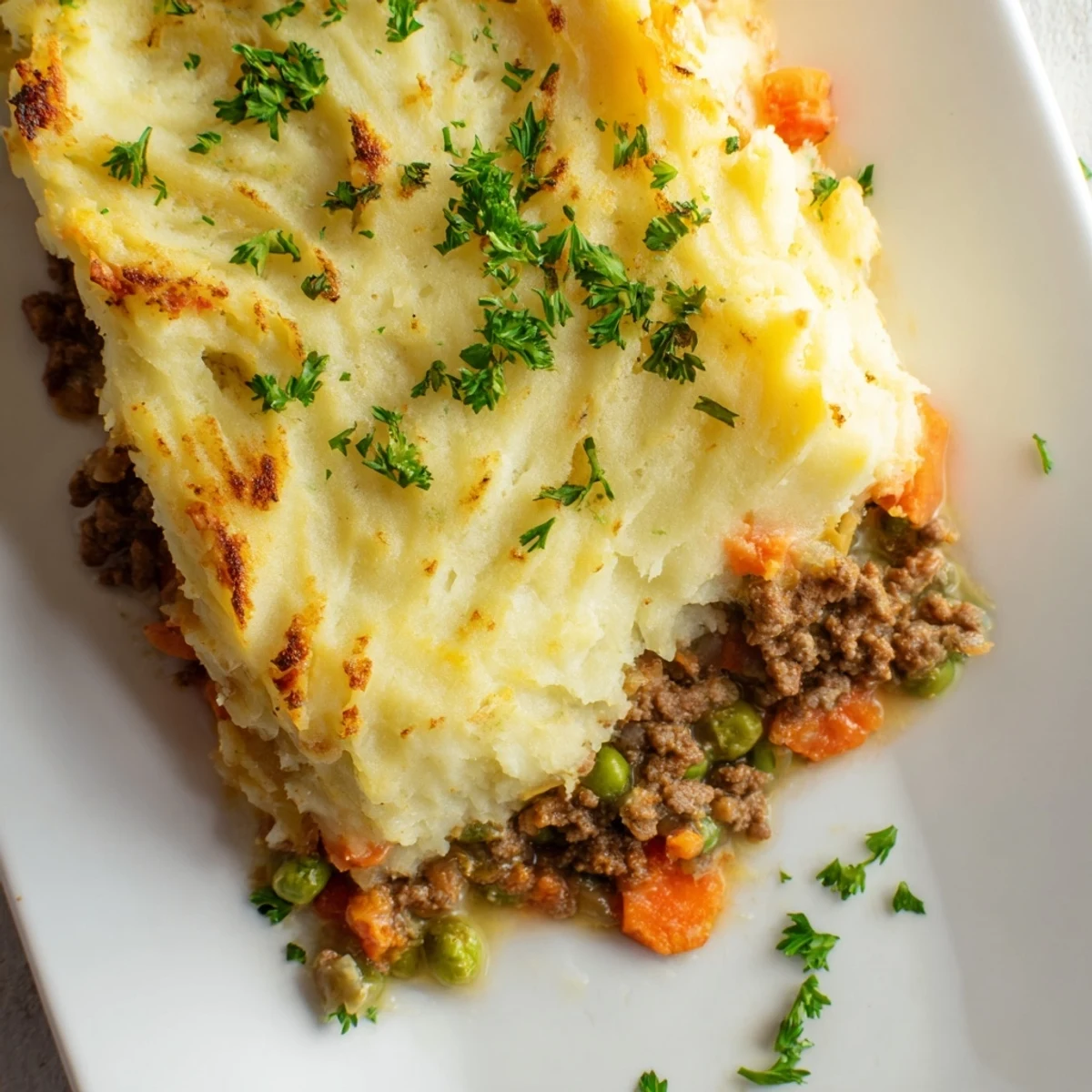 Golden, bubbling Shepherd's Pie with ground beef, featuring creamy mashed potatoes and a rustic wooden spoon ready to serve.