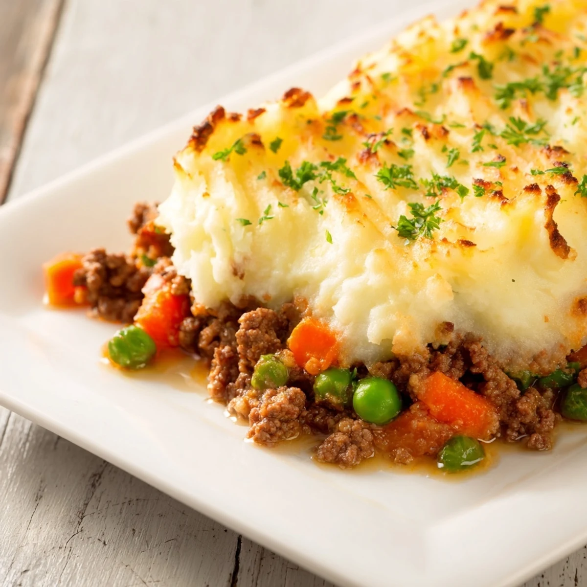 Freshly baked Shepherd's Pie with ground beef sits on a cooling rack, showcasing fluffy potato peaks and a savory filling.