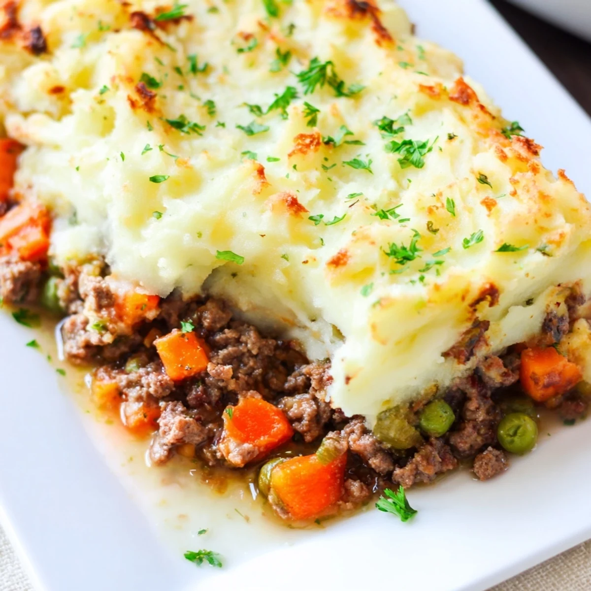 A fork rests beside a warm slice of Shepherd's Pie with ground beef, revealing layers of beef and vegetables.