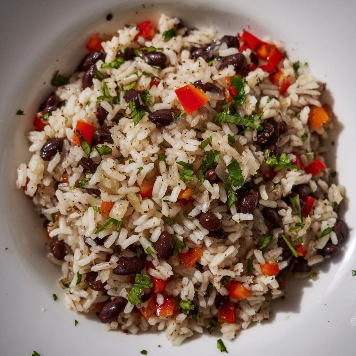 Forkful of savory Rice and Beans with Spices, topped with fresh cilantro and a bright lime wedge.