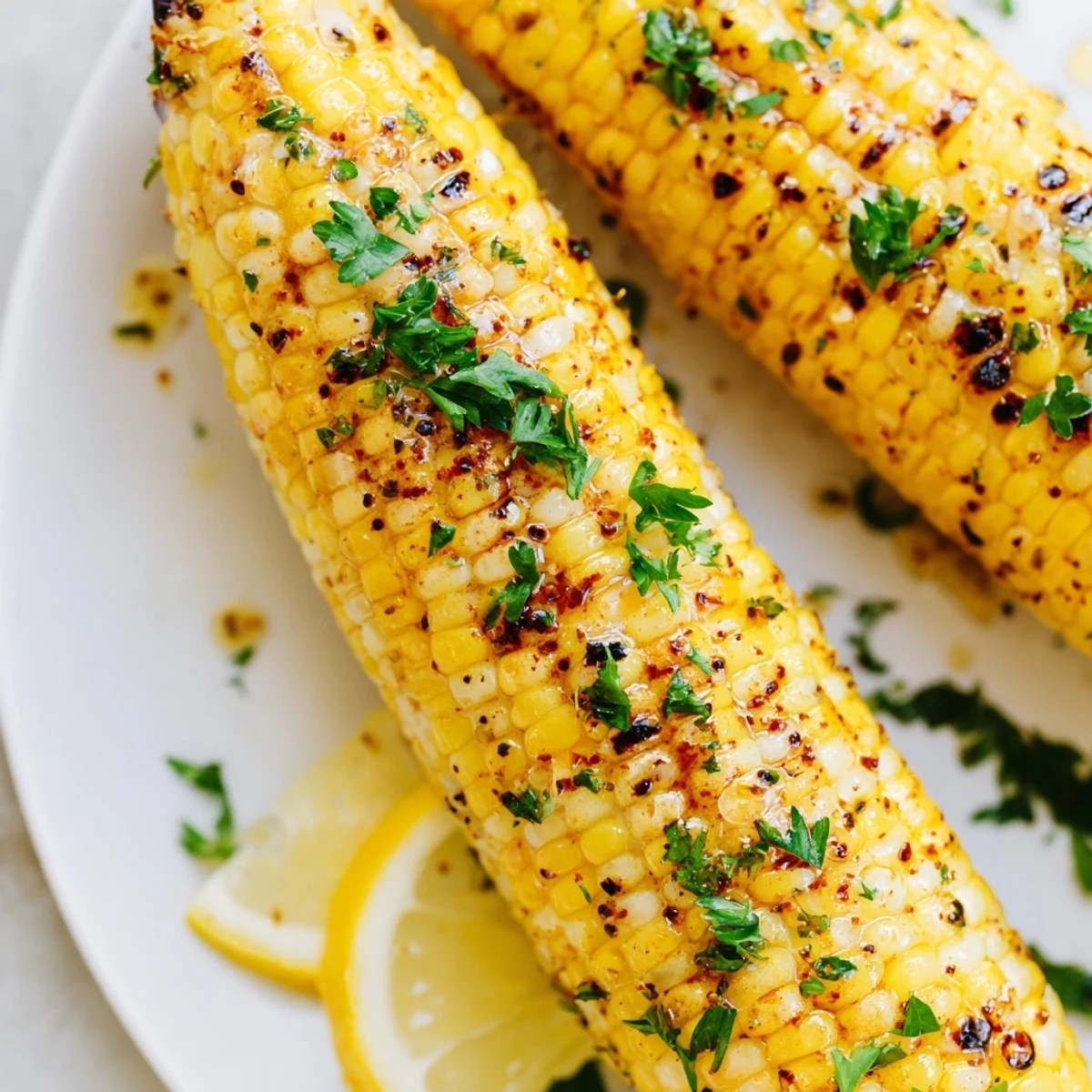 Perfectly grilled Corn on the Cob with Cajun Spices is ready to serve with fresh parsley and bright lemon wedges.