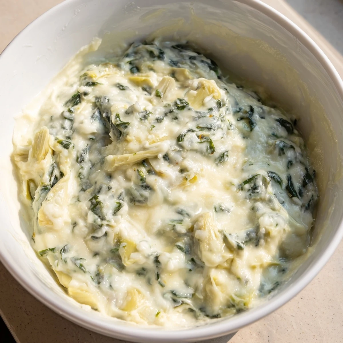 Freshly baked Spinach Dip with Artichokes and Cheese in a ceramic dish, bubbling and golden brown with melted cheese on top.