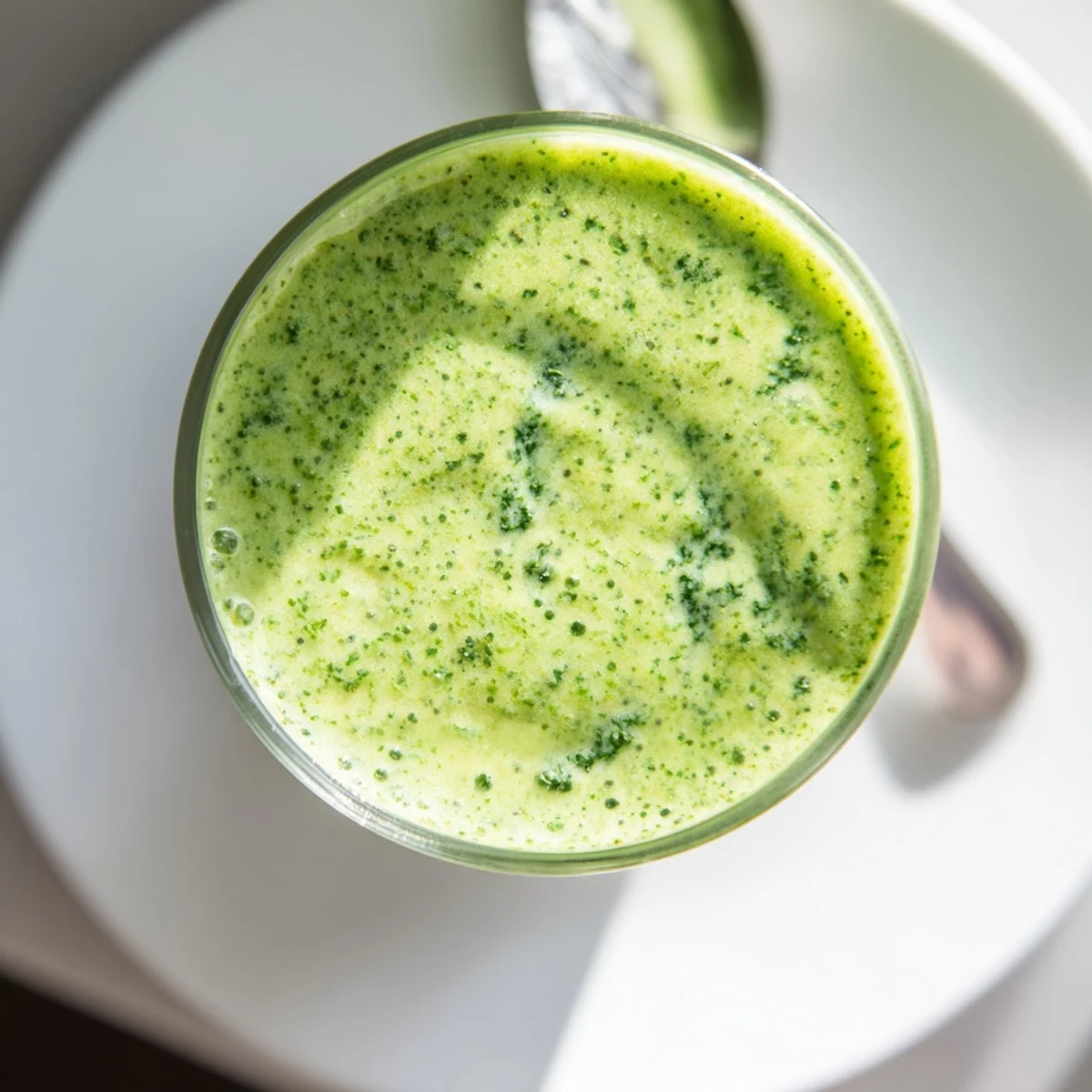 Vibrant green smoothie with kale and pineapple in a tall glass, garnished with a pineapple slice and banana slices beside it.