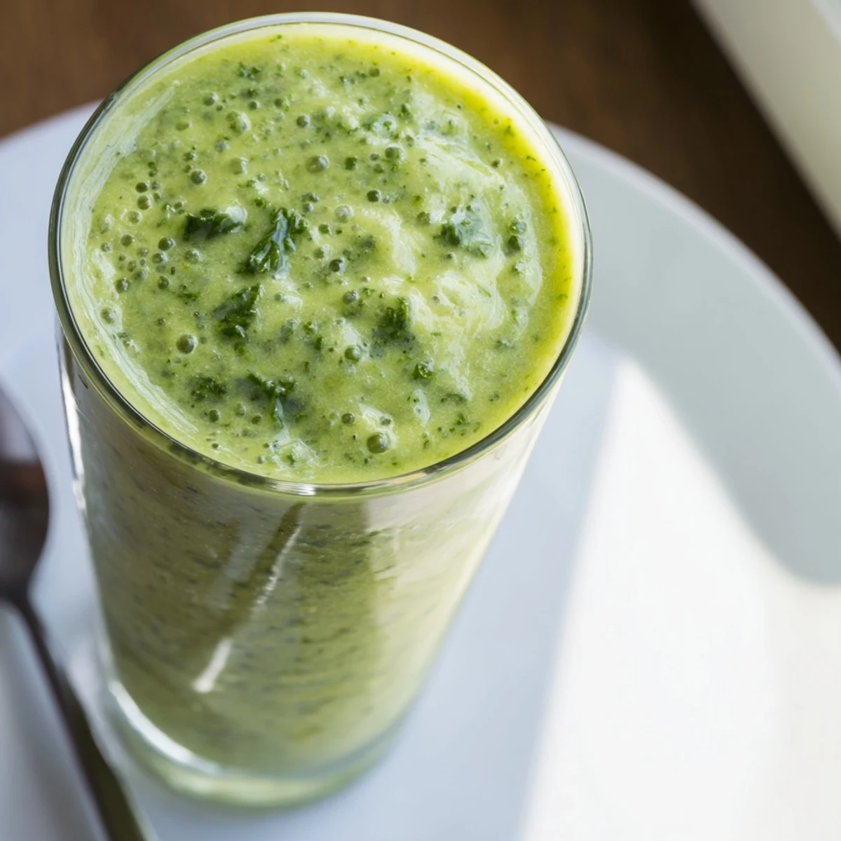 Tall glass of creamy green smoothie with kale and pineapple, topped with chia seeds and a lemon wedge for a bright, healthy drink.