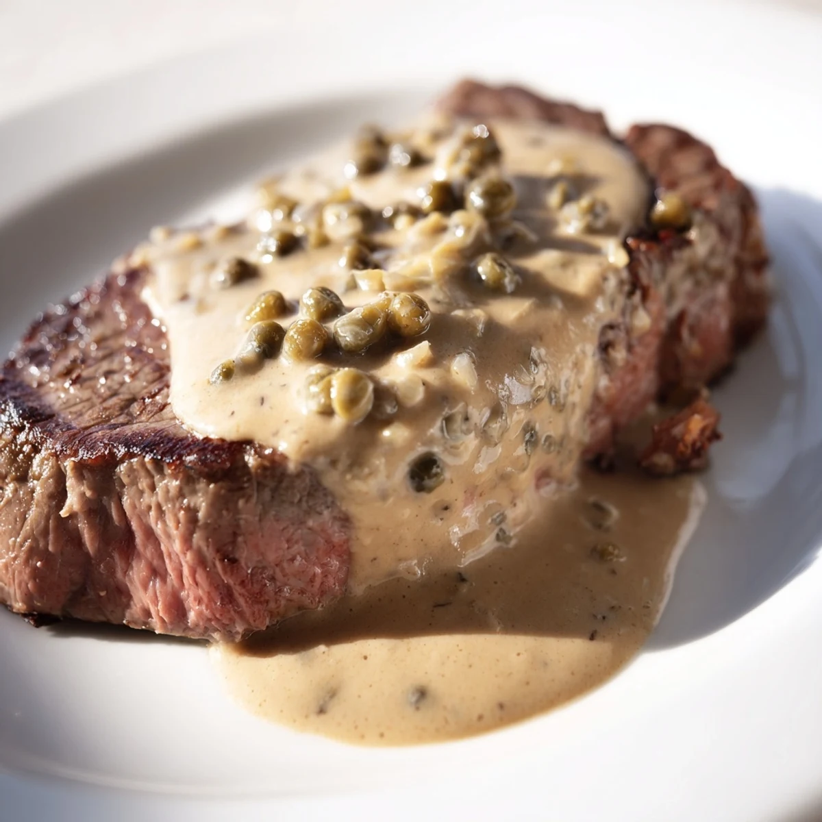 Perfectly seared ribeye steak topped with a creamy, peppery green peppercorn sauce, served on a white plate.