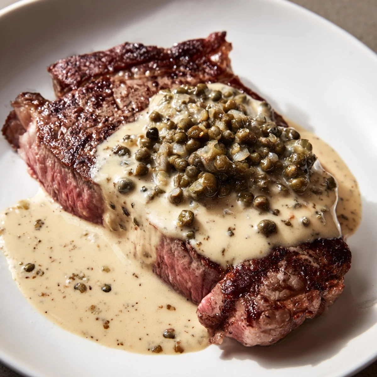 Juicy medium-rare steak with rich cognac-spiked peppercorn sauce, perfect over French fries or mashed potatoes.