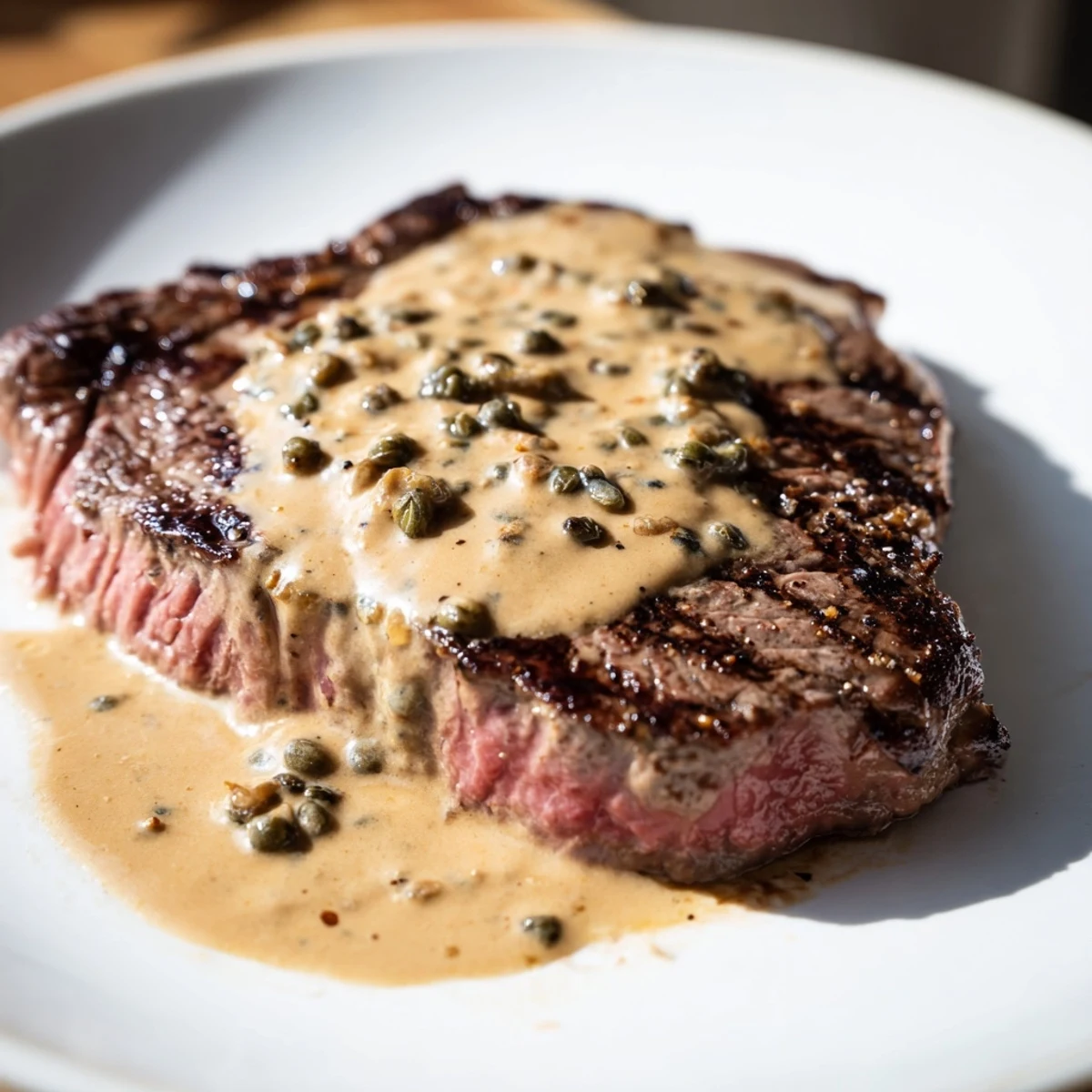 Sizzling steak resting with savory peppercorn sauce in a cast iron skillet, ready for a delicious dinner.