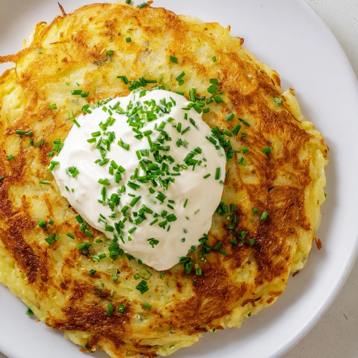 Two pieces of freshly cooked Irish Boxty with Sour Cream, featuring golden edges and a soft potato center, drizzled with sour cream and garnished with chives.
