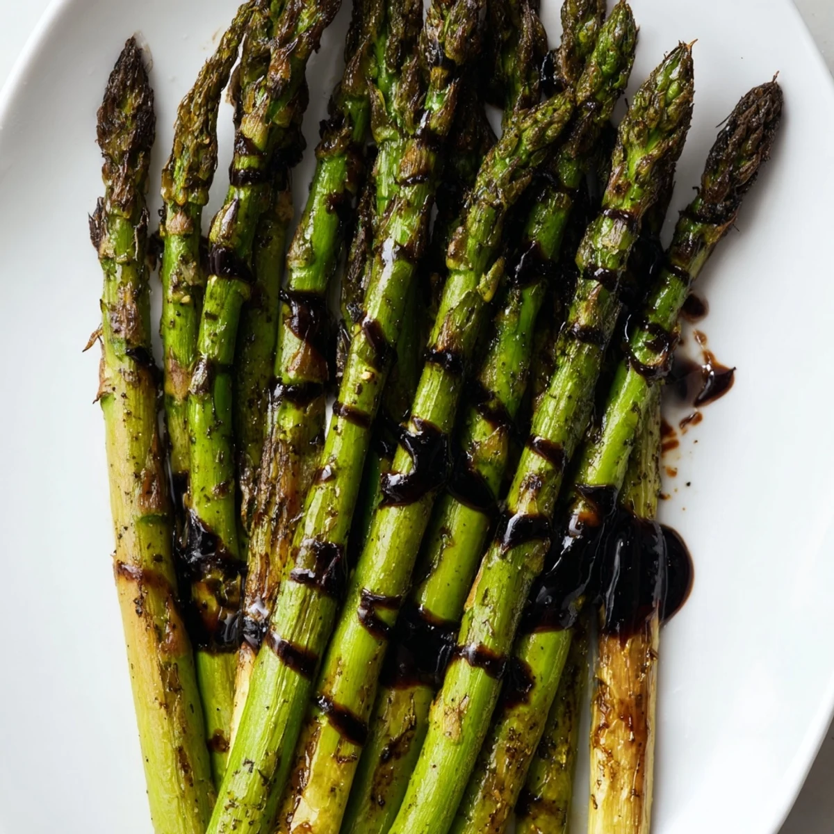 Tender roasted asparagus spears glistening with a tangy-sweet balsamic glaze, served on a white platter as an elegant side dish for dinner.