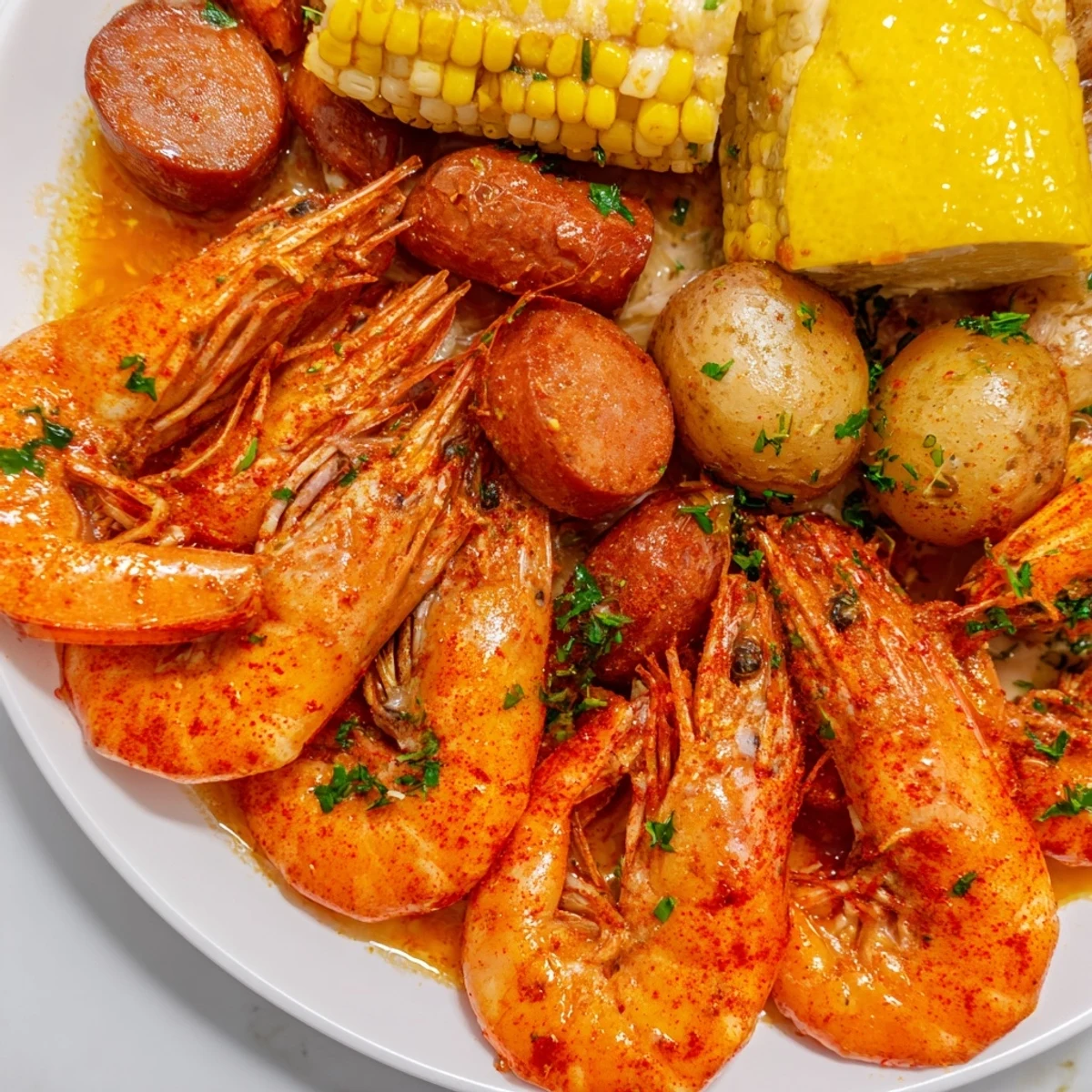 A vibrant Cajun Seafood Boil piled high with pink shrimp, crab legs, sweet corn, and andouille sausage on a rustic platter.