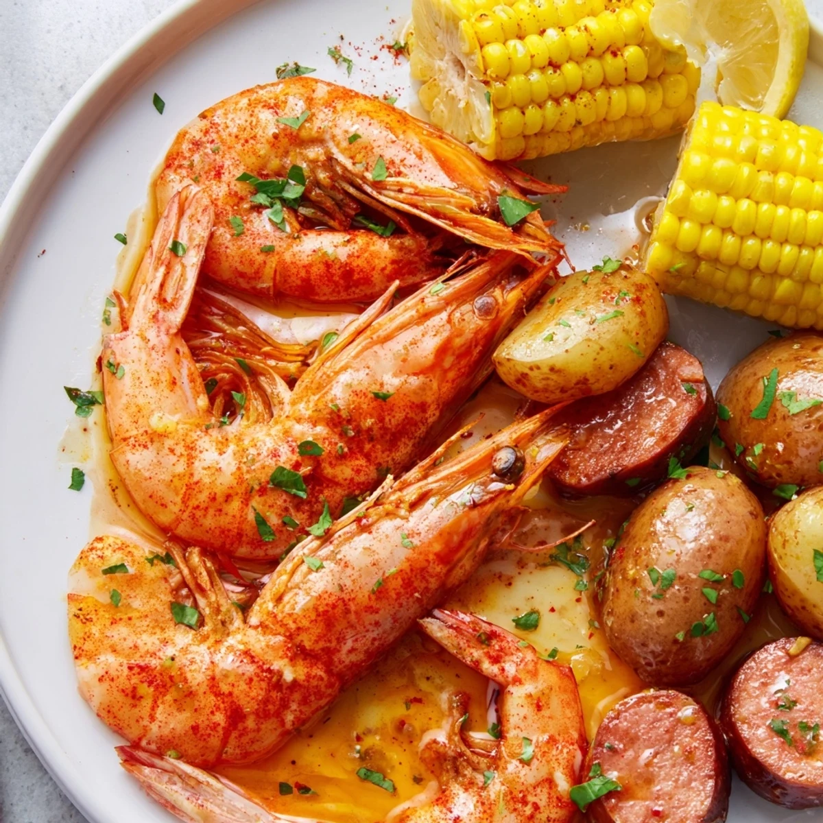 Steaming Cajun Seafood Boil with tender potatoes, mussels, and lemon wedges, generously drizzled with melted butter and fresh parsley.