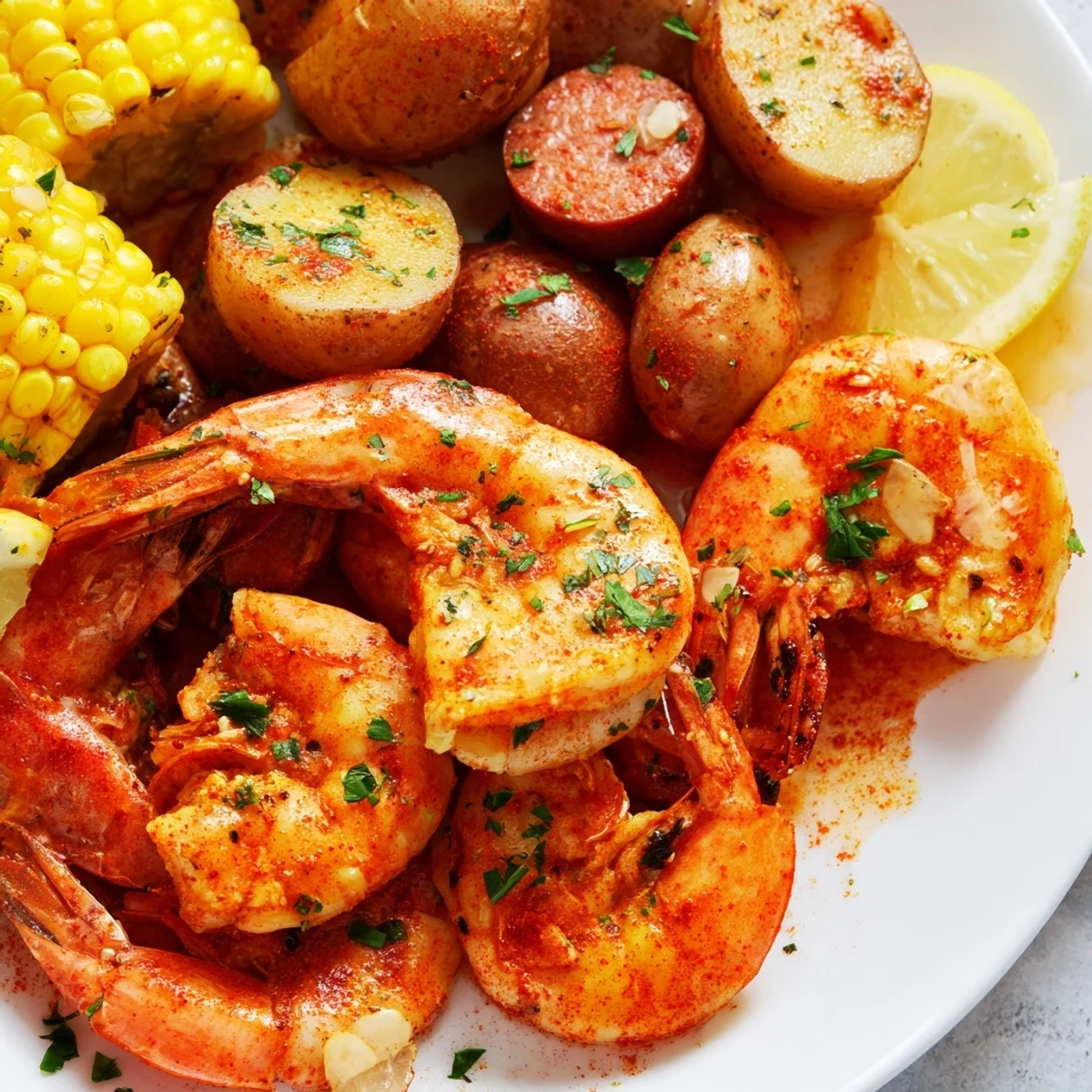 Close-up view of a rustic Cajun Seafood Boil featuring juicy shrimp, corn on the cob, and smoky sausage, ready to serve.