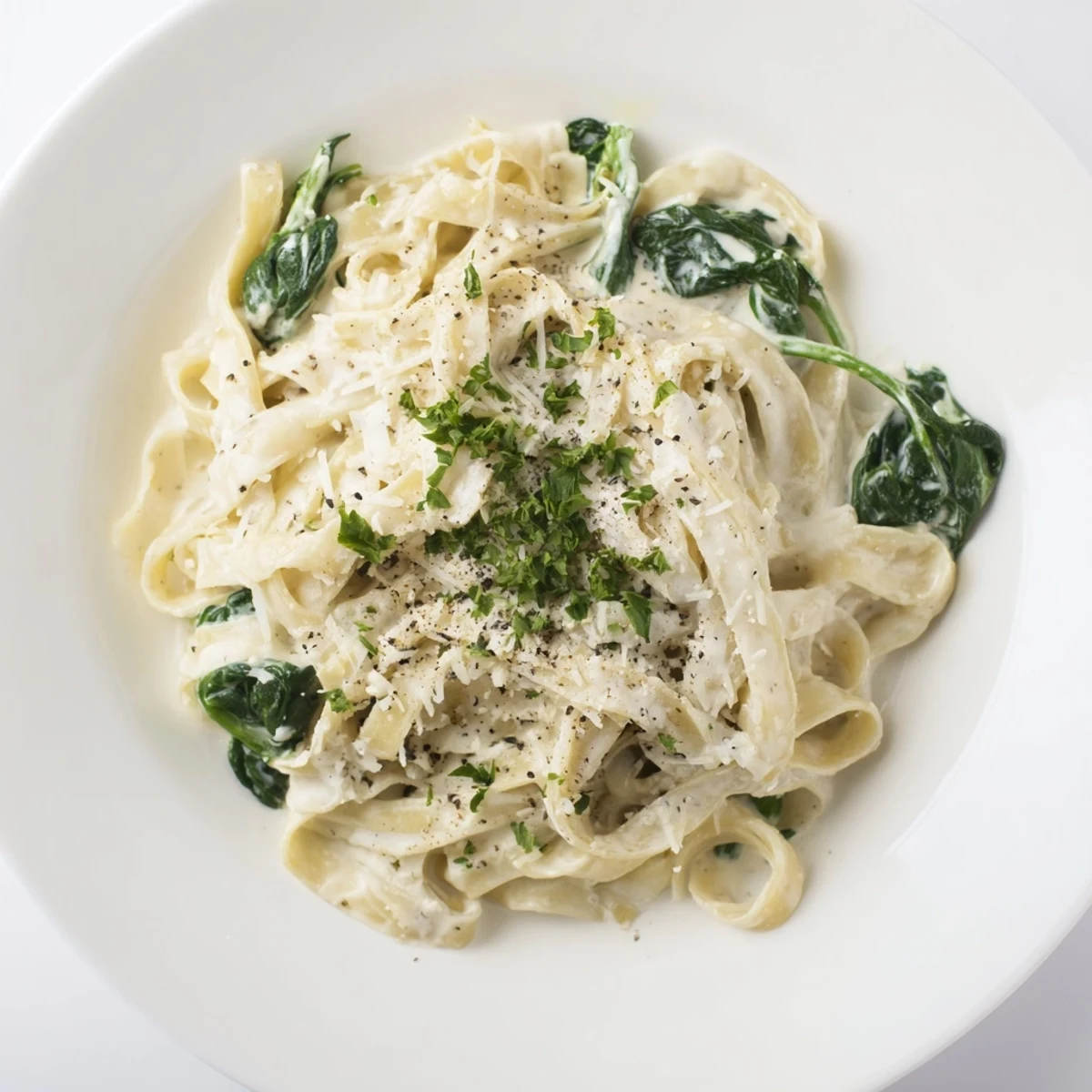 Tender fettuccine coated in a luscious garlic cream sauce with wilted spinach, served hot.