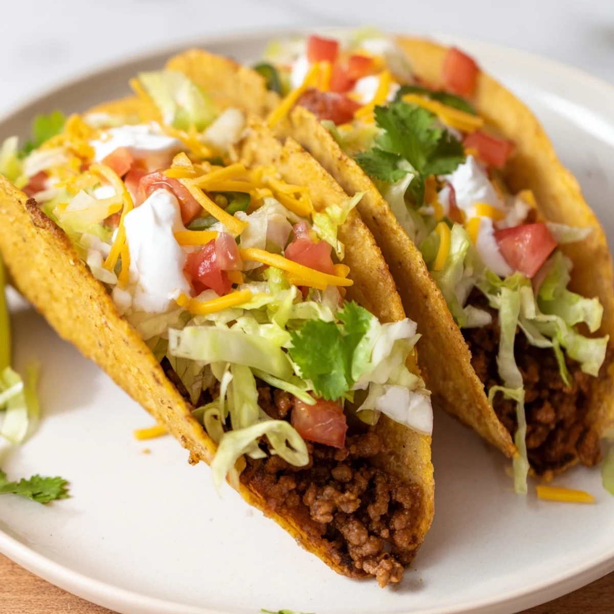 A close-up of Beef Tacos with Hard Shells, garnished with fresh cilantro and a lime wedge for serving.