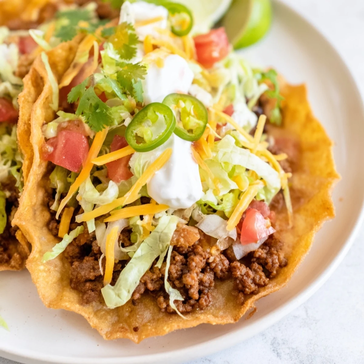 Sizzling beef taco filling piled into crispy shells, ready for your favorite toppings like sour cream and salsa.