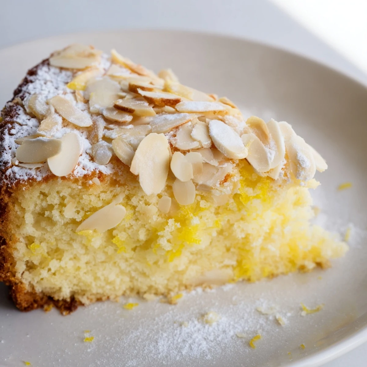 Freshly baked lemon ricotta cake with toasted almonds on top, served on a white plate with a slice missing.  