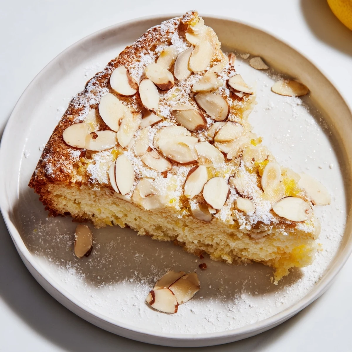 A moist slice of lemon ricotta cake on a dessert plate, topped with almonds and fresh berries for garnish.