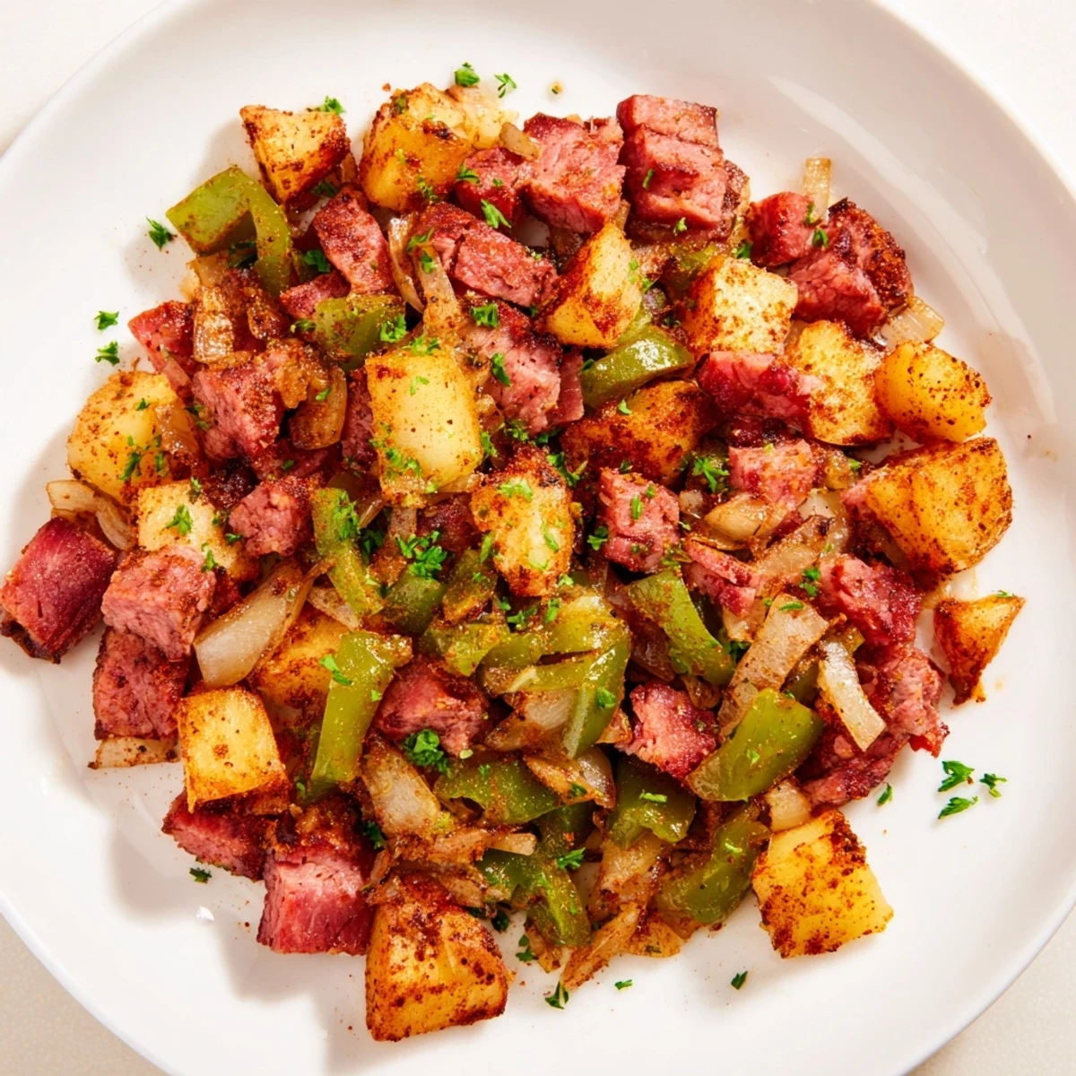 A hearty skillet of Corned Beef Hash with crispy potatoes, tender beef, and sautéed onions.