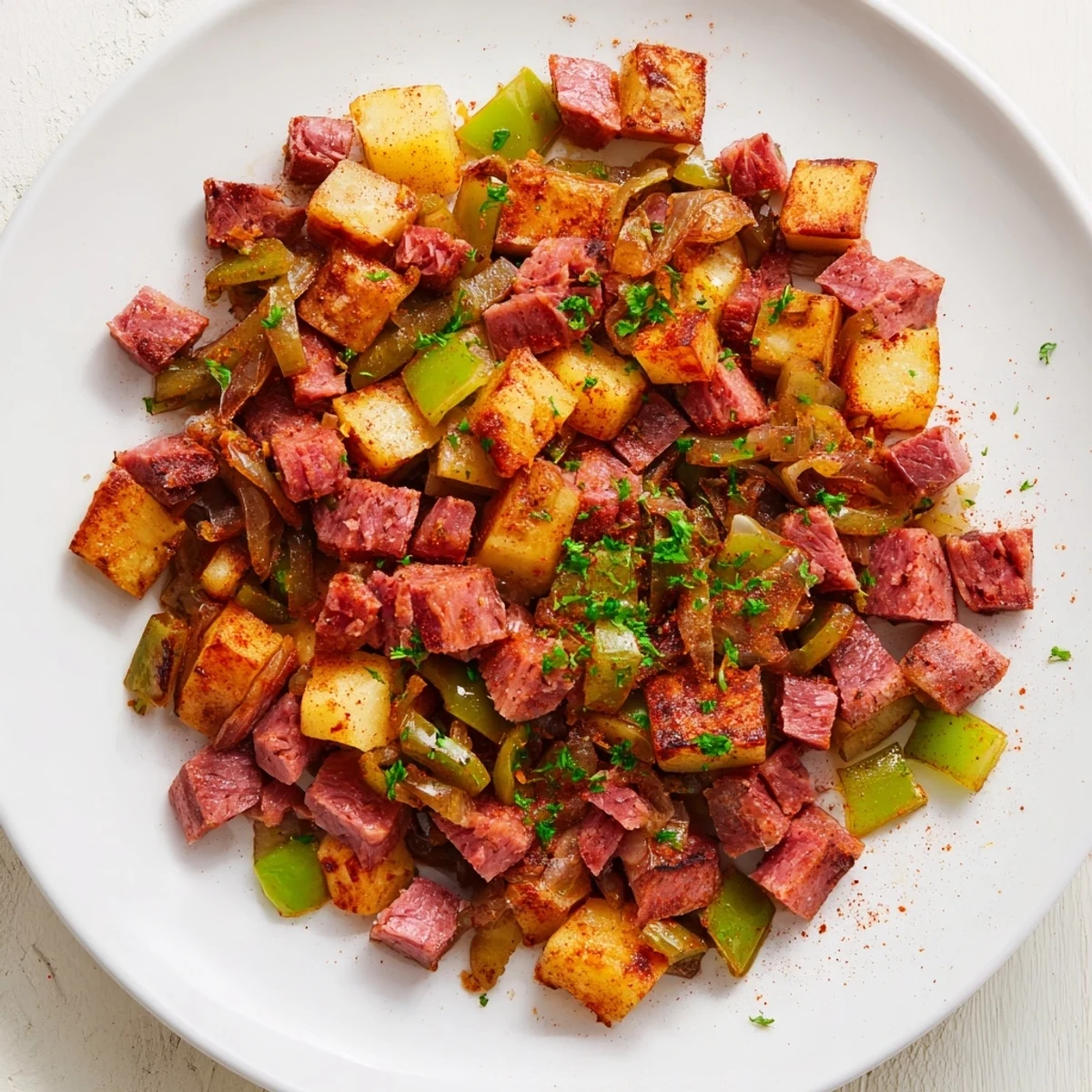 Golden Corned Beef Hash sizzles in a skillet, garnished with fresh parsley and cracked pepper.