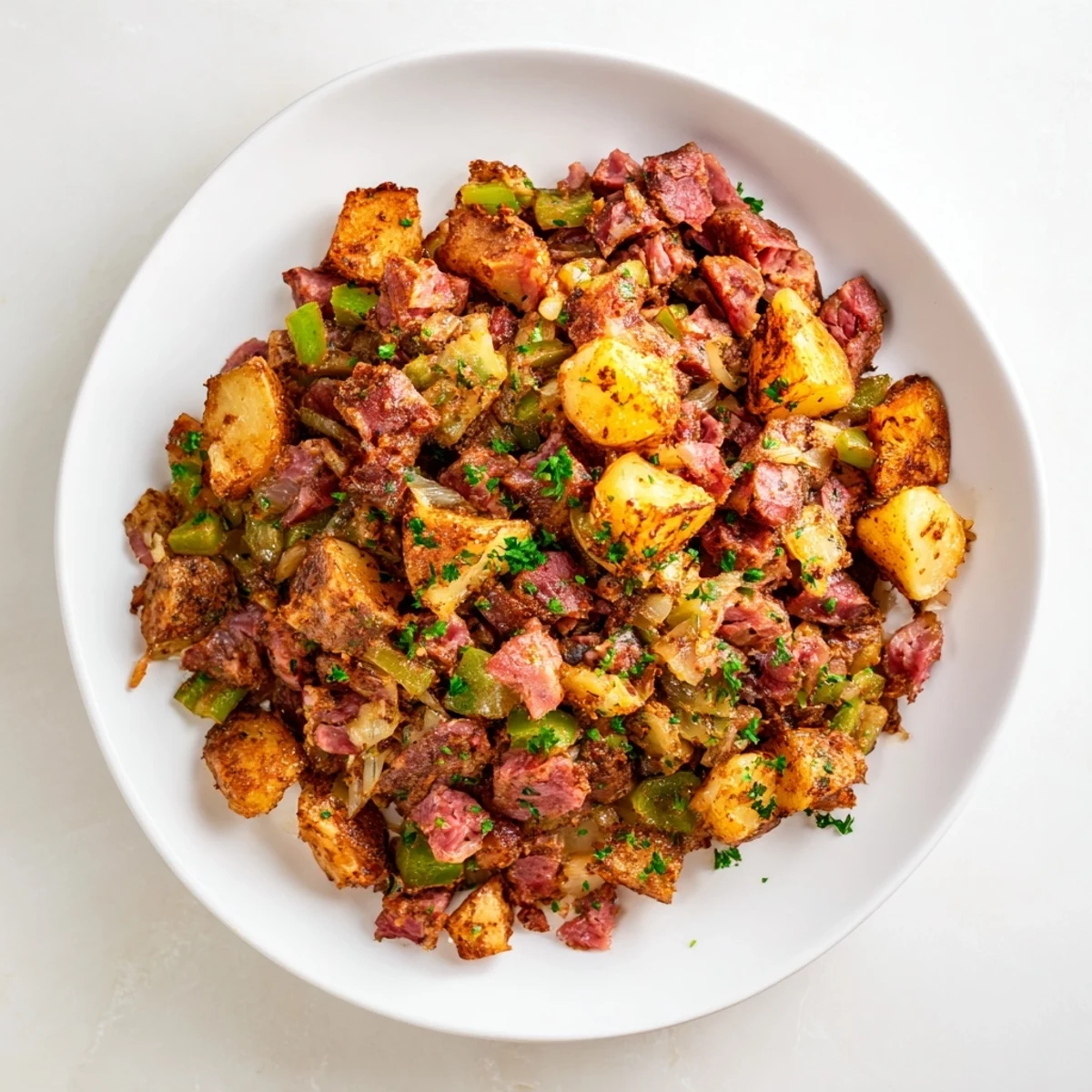 Savory Corned Beef Hash served with a fried egg on top, ideal for a classic American breakfast.