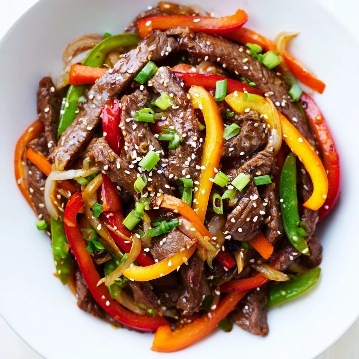 A close-up of glossy Spicy Beef Stir Fry with Vegetables tossed with bell peppers, snap peas, and sesame seeds over fluffy rice.