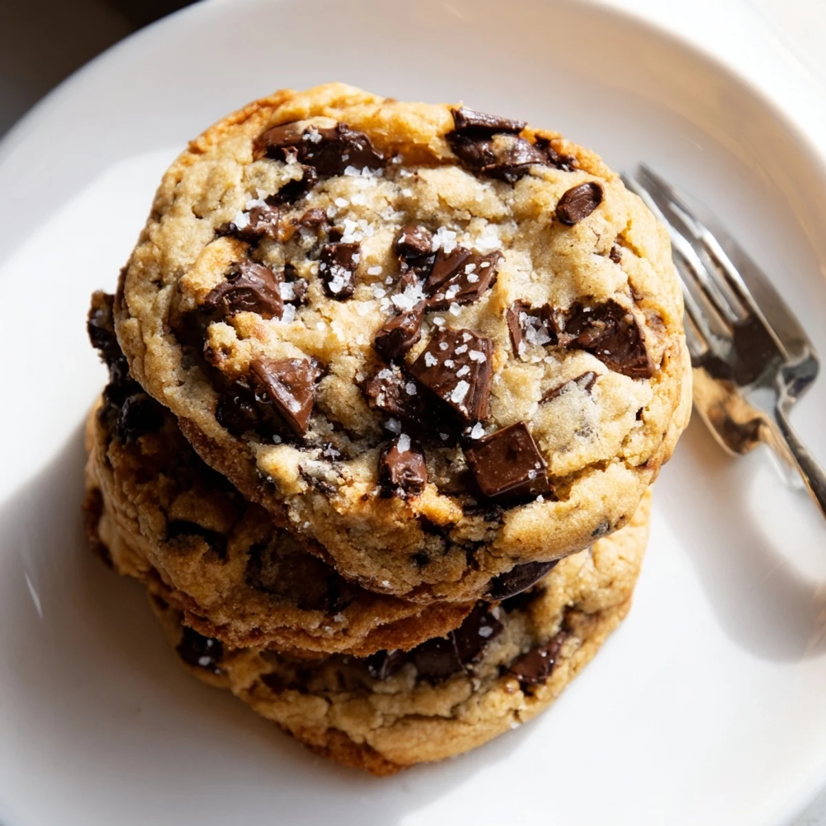 Golden-brown chocolate chip cookies with sea salt cooling on a wire rack, showcasing chewy centers and crispy edges.