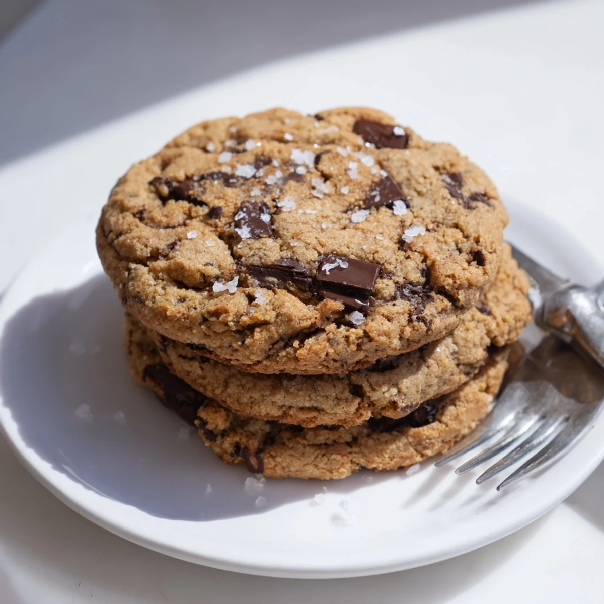 A close-up of chocolate chip cookies with sea salt on a rustic wooden board, surrounded by milk and chocolate chips.