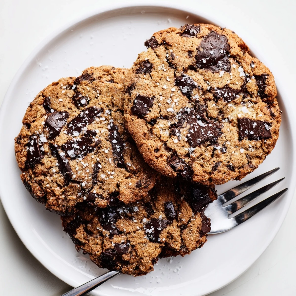 Freshly baked chocolate chip cookies with sea salt on a baking sheet, their edges golden and centers soft and tender.