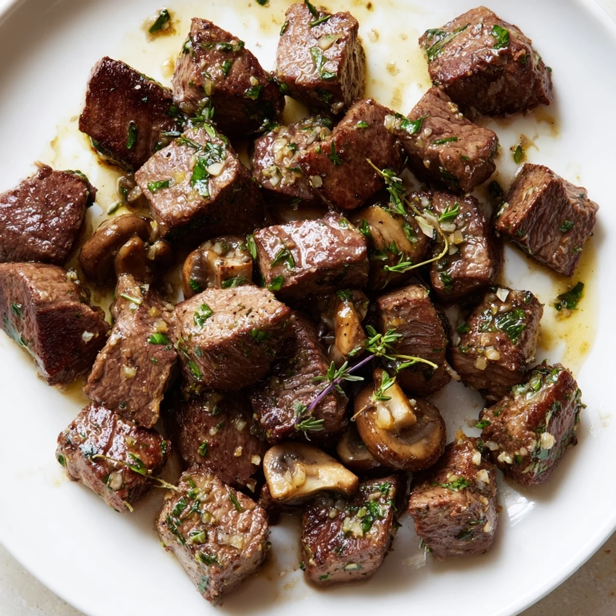Sizzling Garlic Butter Steak Bites with Mushrooms in a cast-iron skillet, garnished with fresh parsley.