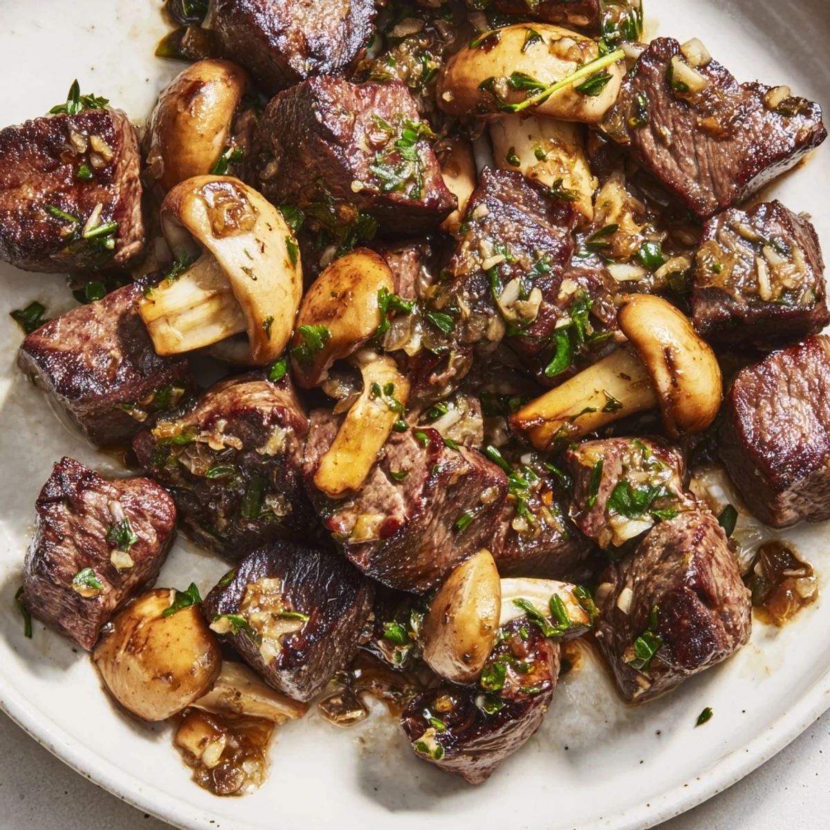 Garlic Butter Steak Bites with Mushrooms served with creamy mashed potatoes, showcasing golden-brown seared edges.