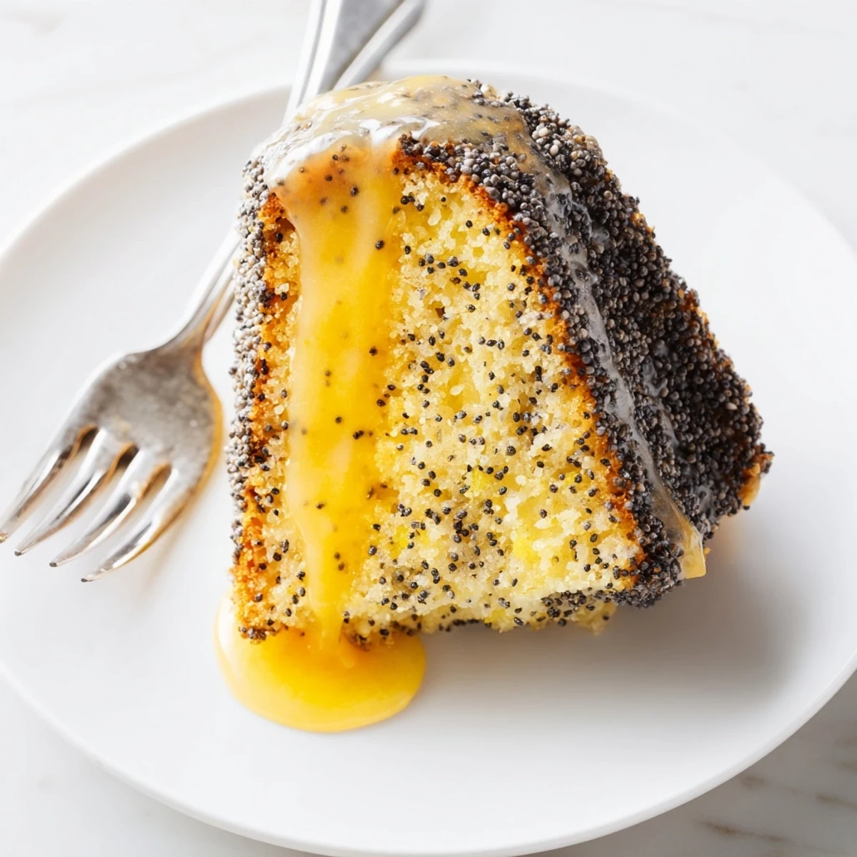 A close-up of Lemon Poppy Seed Bundt Cake with Glaze, showing moist crumbs and shiny white drizzle on top.