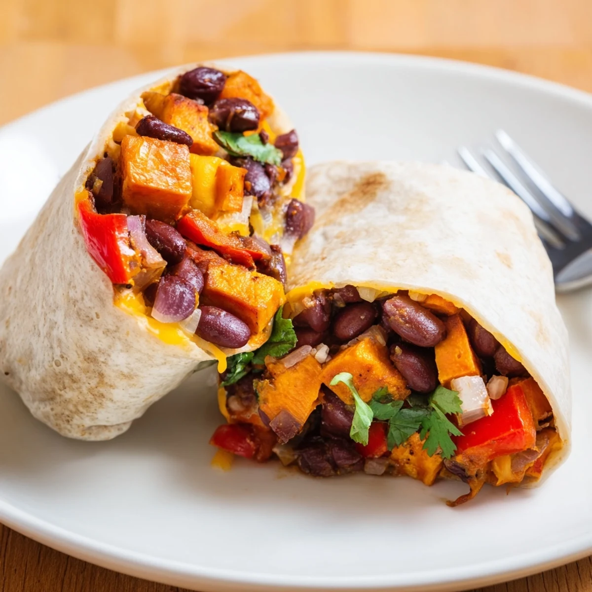 Close-up of a golden-brown roasted sweet potato and black bean burrito sliced in half on a wooden board, revealing the vibrant, spiced filling.