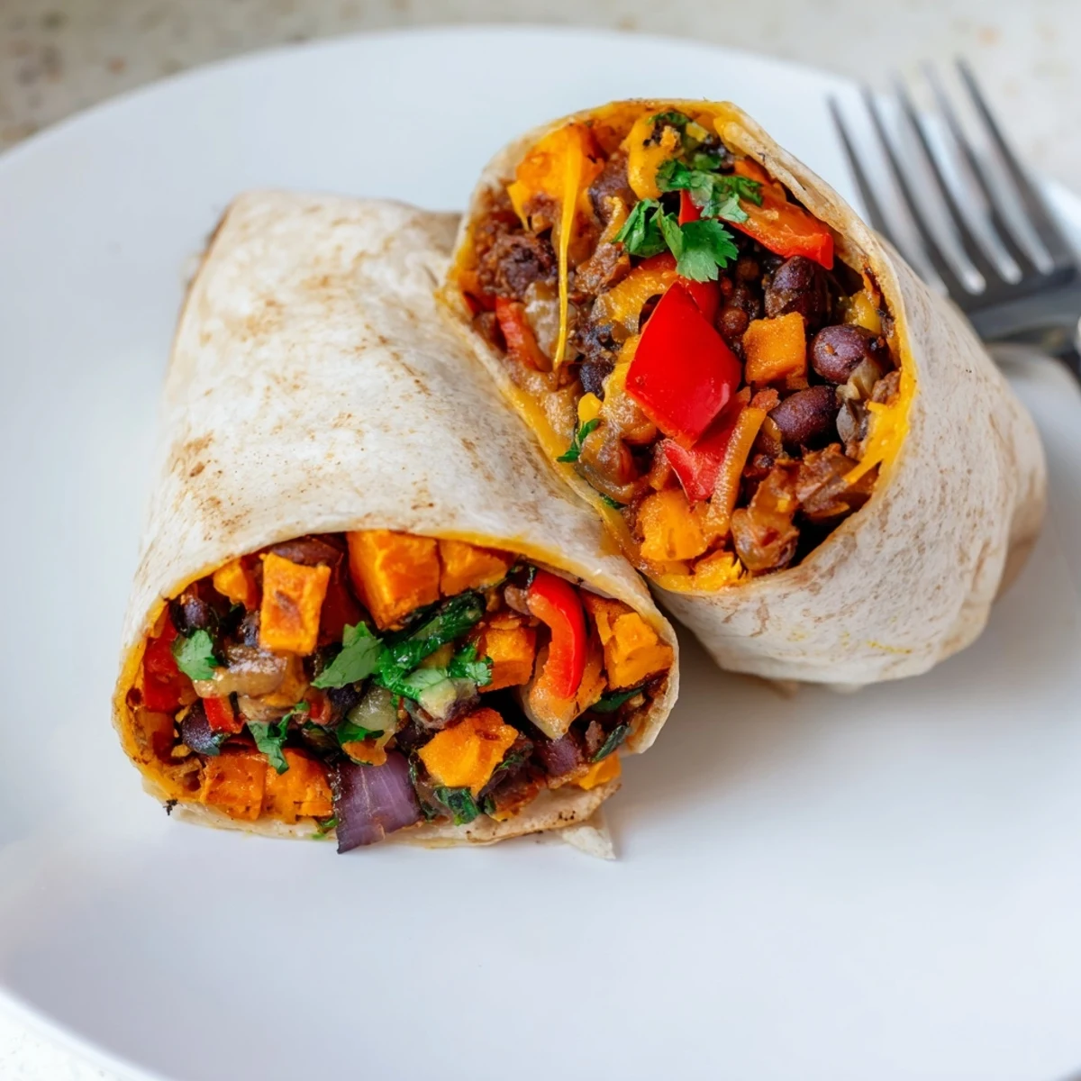 Roasted sweet potato and black bean burritos served warm on a colorful plate, topped with fresh cilantro and a dollop of sour cream.