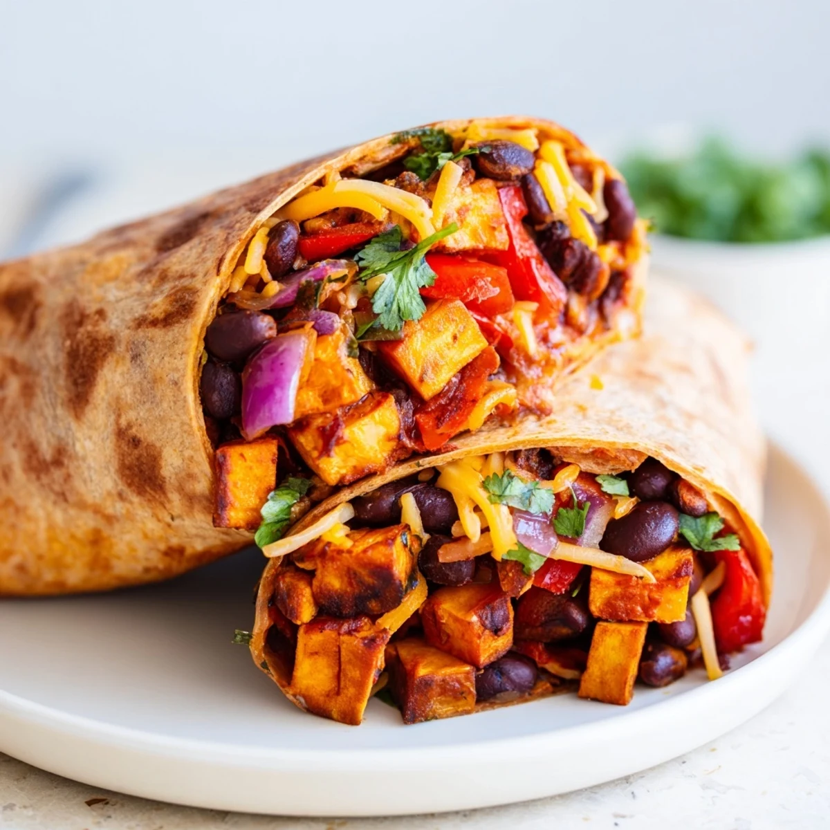 A hand holding a freshly rolled roasted sweet potato and black bean burrito, ready to be enjoyed as a vegetarian meal.