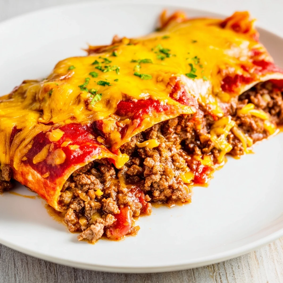 Photo of Beef Enchiladas with Red Enchilada Sauce, baked in a ceramic dish with melted cheese and fresh cilantro garnish.