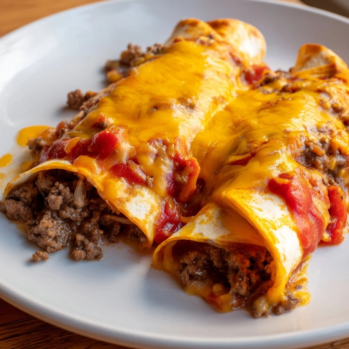 Beef Enchiladas with Red Enchilada Sauce served warm with melted cheese on corn tortillas, ready to be enjoyed for dinner.